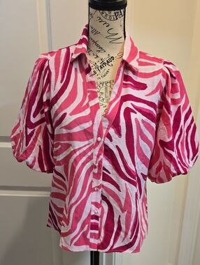 Pink Zebra-Print Puff Sleeve Button Front Blouse
